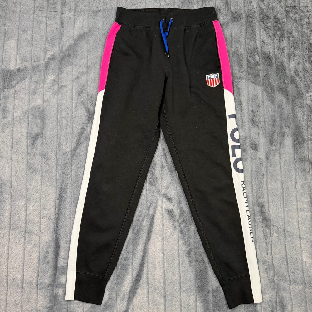 Polo Ralph Lauren Womens Black Pink White Striped Joggers Sweatpants XS 1967 USA